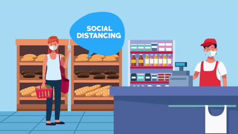 campaña de distanciamiento social con el vendedor del supermercado y el cliente