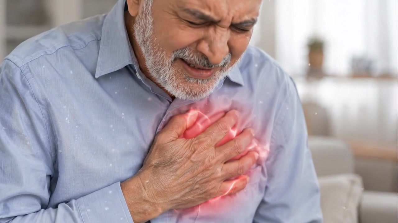 Close view of person pressing chest with red glowing pain area over blue shirt