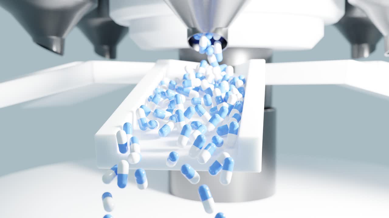 바이러스 및 질병 슬로우 모션을 치료하기 위한 치료법으로 건강 관리 및 약리학 연구 실험실의 과학 의료 장비에 대한 파란색 처방약 시험 약 알약 캡슐