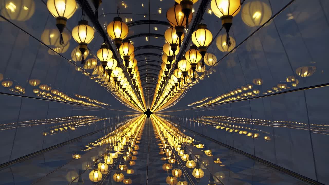 Rows of glowing lanterns hanging in a mirrored tunnel create a mesmerizing perspective, inviting viewers into a dreamlike atmosphere filled with magic and wonder