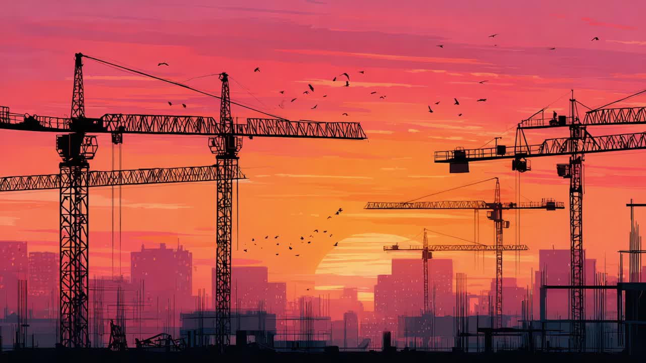 A Stunning Sunset in an Urban Landscape Capturing Construction Cranes Silhouetted Against Vibrant Skies, Showcasing Development and Transformation in the Cityscape