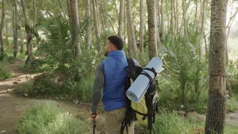 African-american-man-wearing-backpack-and-hiking-with-trekking-poles-in-forest,-slow-motion