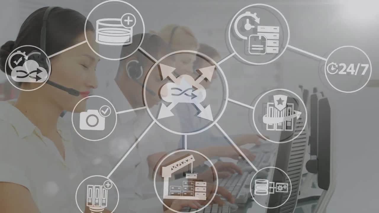 red de iconos digitales contra un equipo de ejecutivos de atención al cliente que trabajan en la oficina
