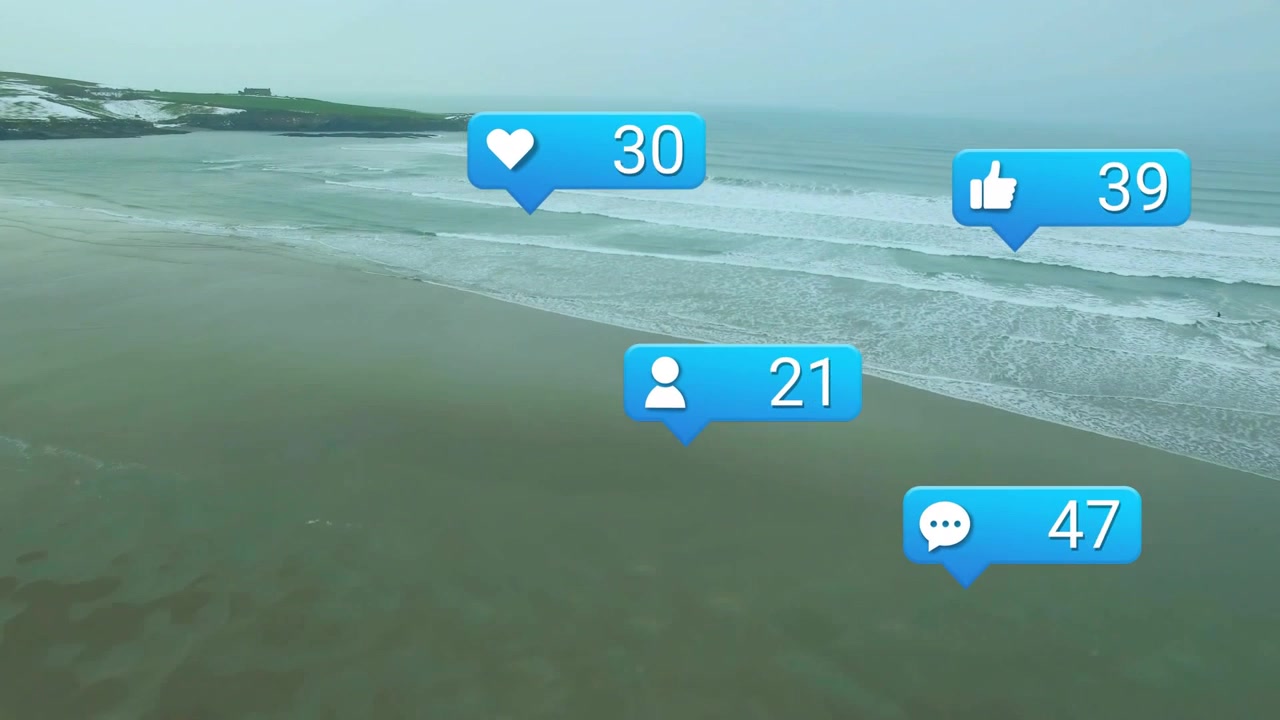 Drone tracking coastline while chat bubble appearing, notifications rising, showing engagement
