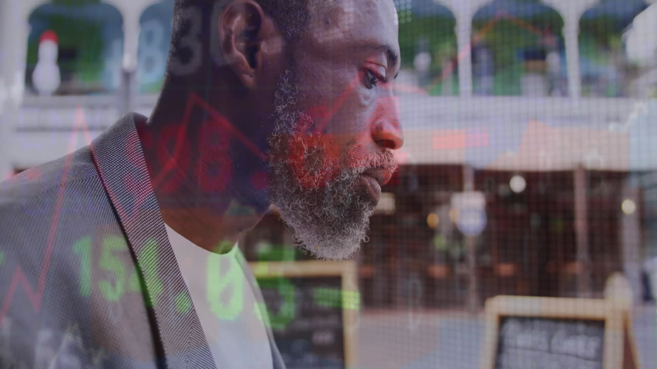 Animation of stock market data processing over african american businessman having a snack outdoors
