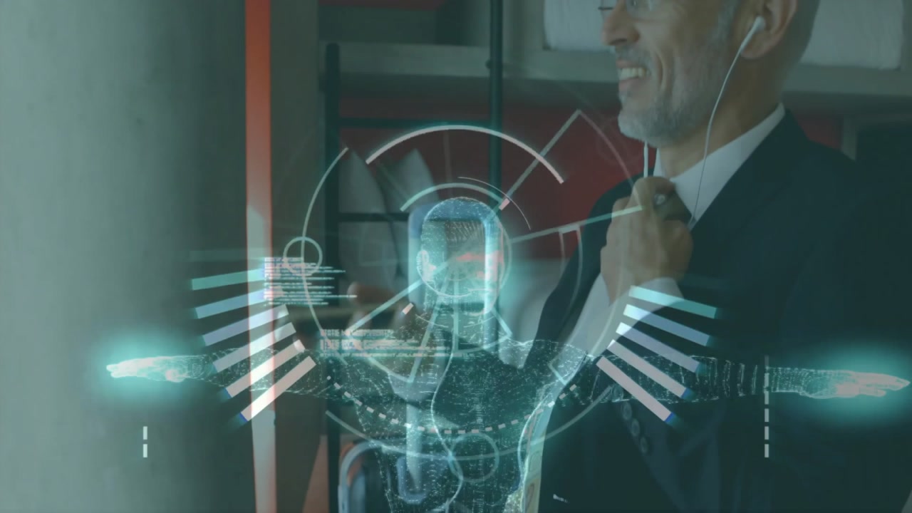 Businessman entering room starting hologram scan plugging earphones scrolling smartphone to call