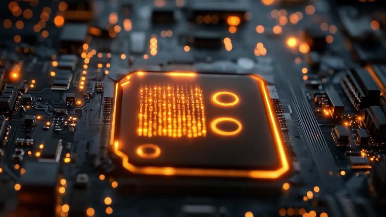 Close-up of a glowing computer circuit board