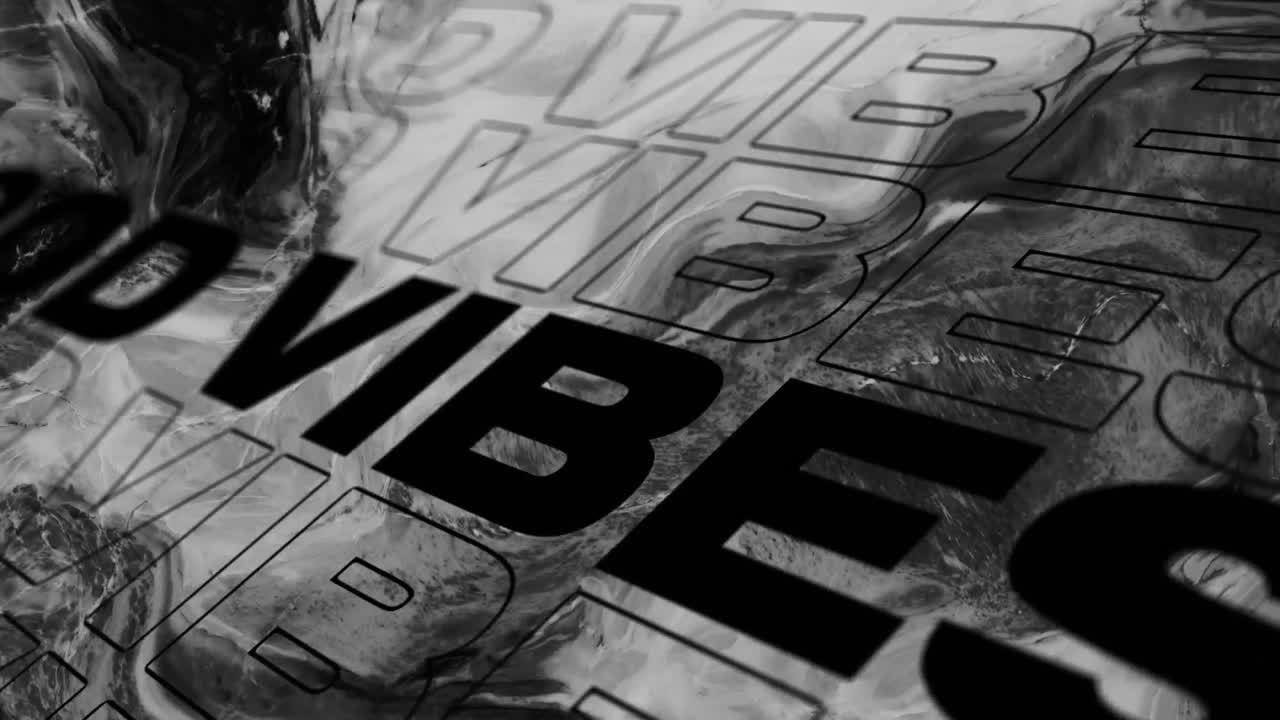 Animation of text vibes in black, over black and grey swirl background