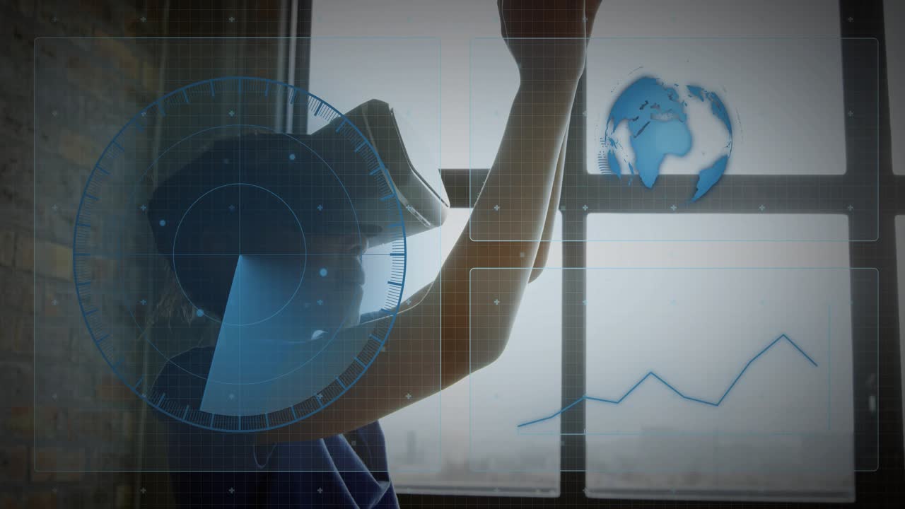 Girl standing by window activating VR and reaching, adjusting, shaping HUD globe and chart for tech