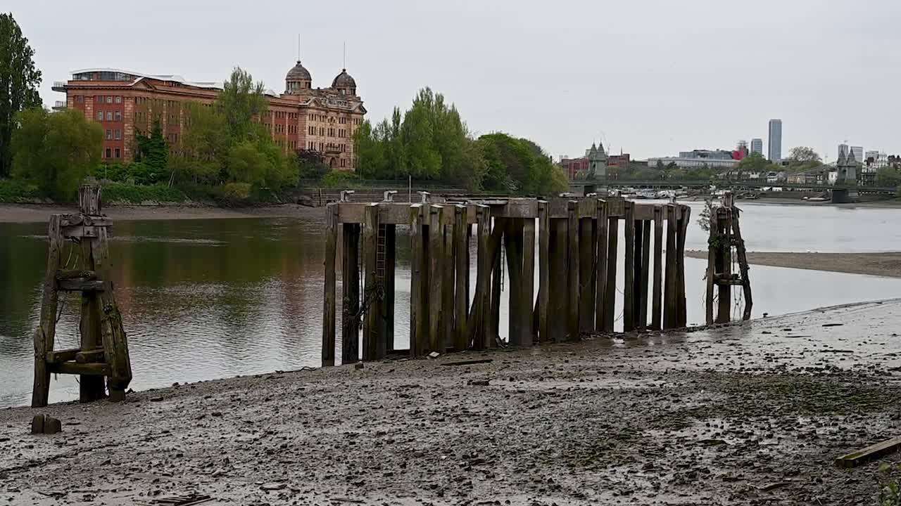 Low tide towards Hammersmith Bridge and Harrods Village, London, United Kingdom