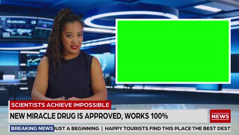 newsroom tv studio live news program: expert black female presenter reporting, green screen chroma key screen picture. television cable channel anchor woman talks. network broadcast mock-up playback