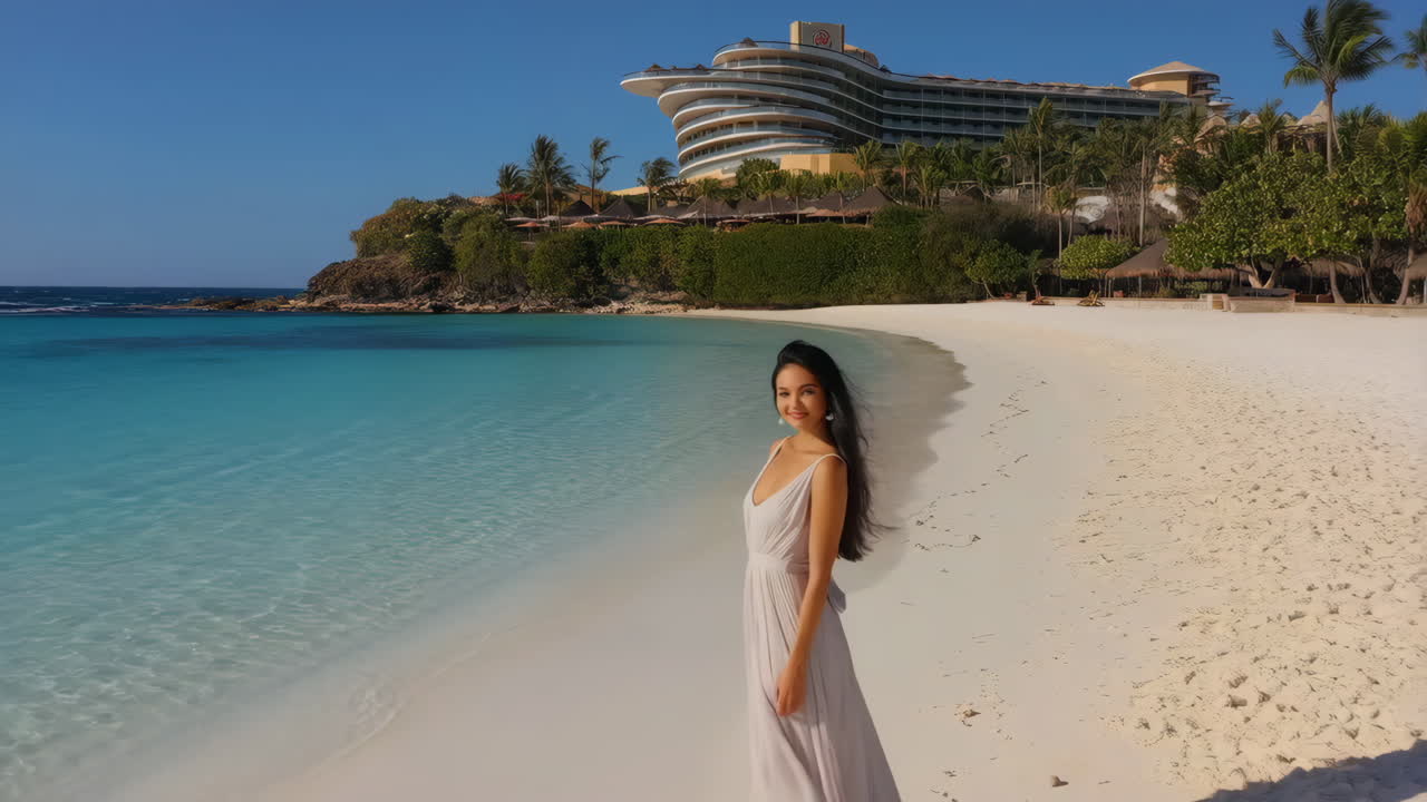 Woman on a beautiful tropical beach in front of a luxury resort