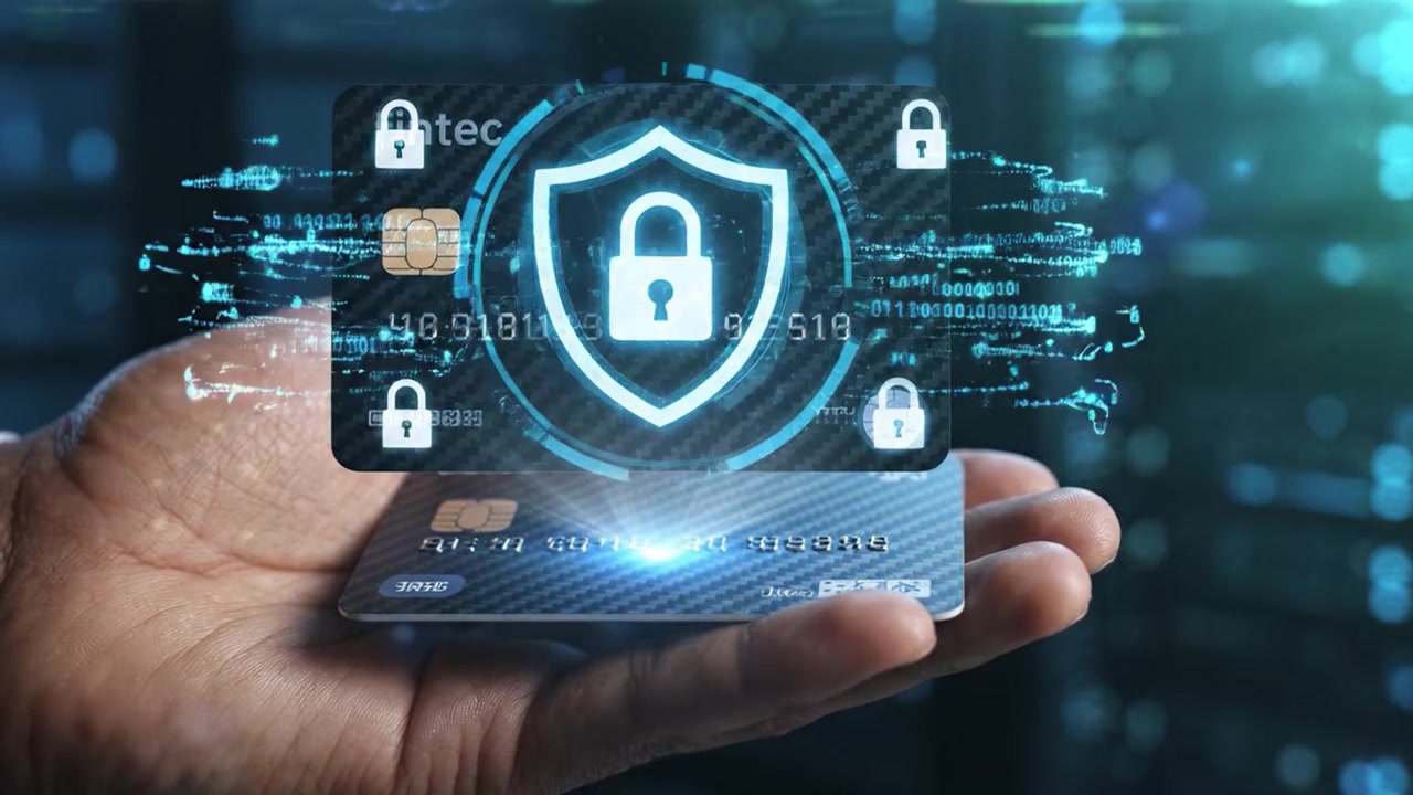 A close-up view of a hand holding credit cards, showcasing the details and texture, set against a backdrop of a blurred digital environment, emphasizing financial transactions.