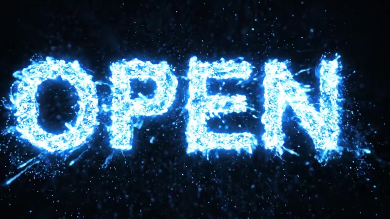 Una Sequenza Visiva Ipnotizzante che Mostra un'Esplosione Blu Vibrante che si Trasforma in un Cartello Luminoso "OPEN" Radioso, Creando un Contrasto Accattivante su uno Sfondo Scuro