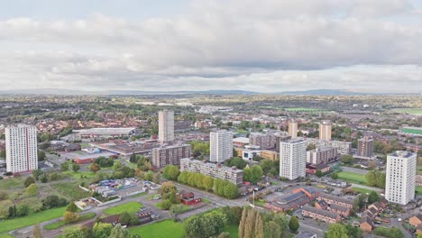 Residential aerial shot overlooking apartment blocks in the UK around the Manchester area
