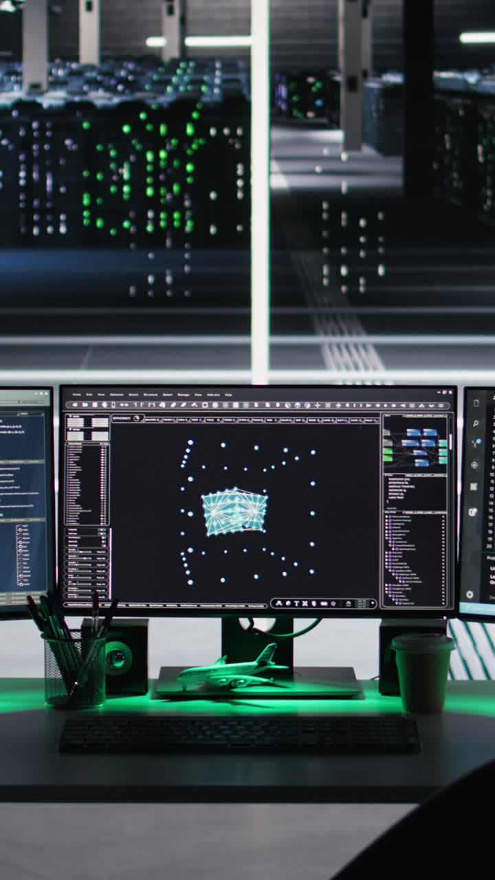 Vertical Video Monitors In Data Center Displaying Node Tree Interfaces Monitoring Gear Health