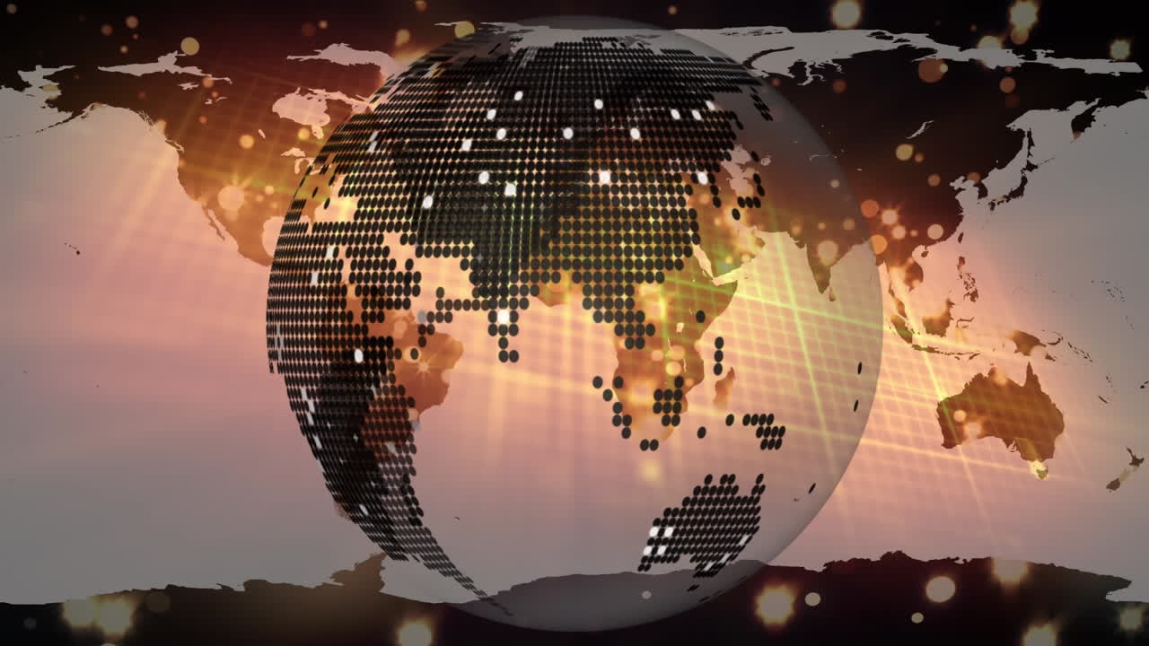 animación de puntos flotantes y globo girando sobre el mapa del mundo