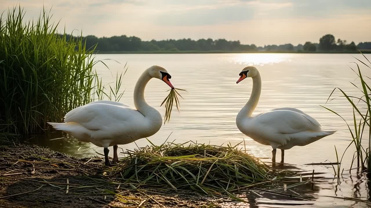 A Pair of Majestic Swans Gracefully Constructing Their Nest by the Tranquil Waters, Surrounded by Lush Greenery, During a Serene Evening Glow