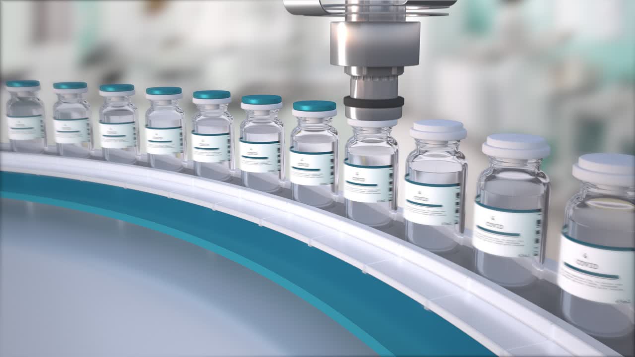 의약품 제조 장비: sars-cov-2 코로나바이러스 백신 대량 생산, 연구실에서 의약품 컨베이어 벨트를 따라 움직이는 암풀, 순환 프레임