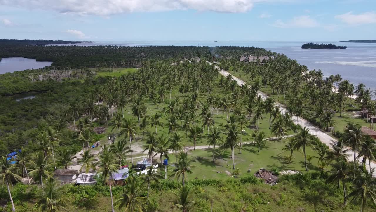 granja y cabañas en medio de palmeras cerca de la carretera costera en la isla de siargao