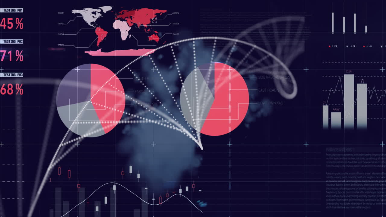animación de puntos que forman una hélice de adn sobre la interfaz infográfica contra el humo en el fondo
