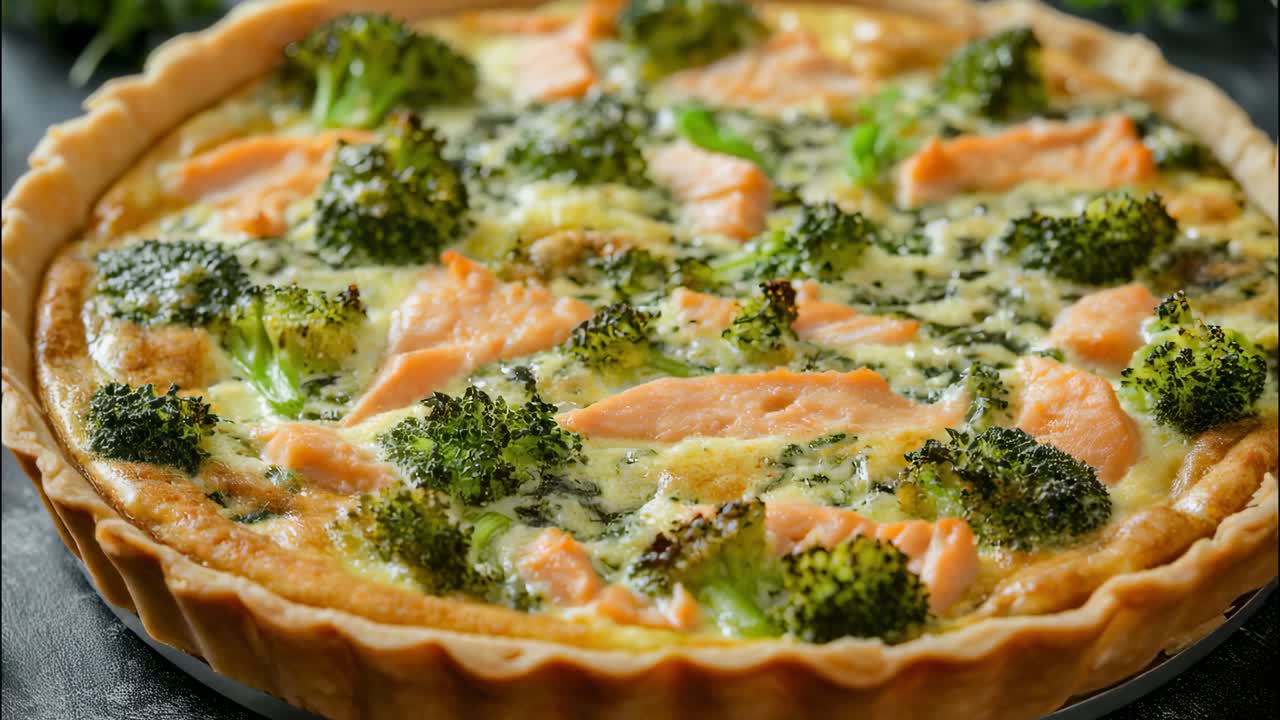 Creamy salmon and broccoli quiche, baked to perfection with a flaky crust, offers a savory filling that delights the palate, making it an ideal choice for any meal or occasion