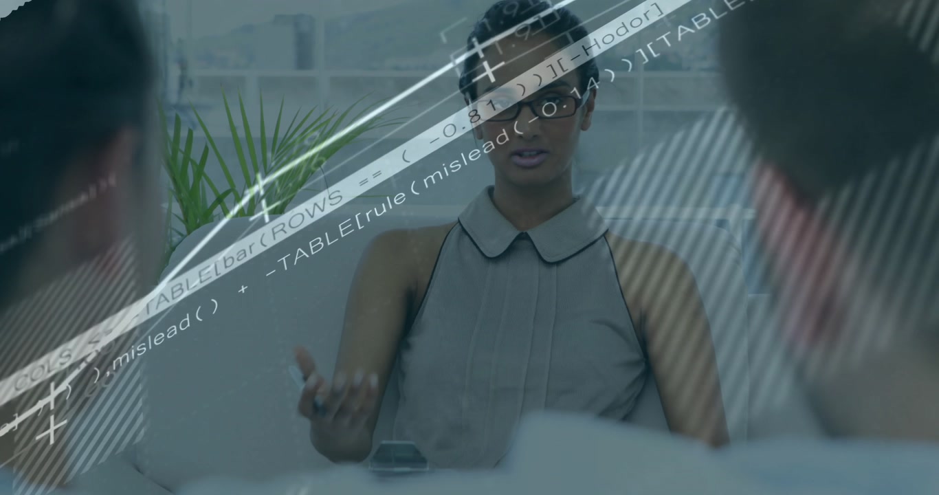 Businesswoman writing notes with animated graph and code layer appearing while explaining trends