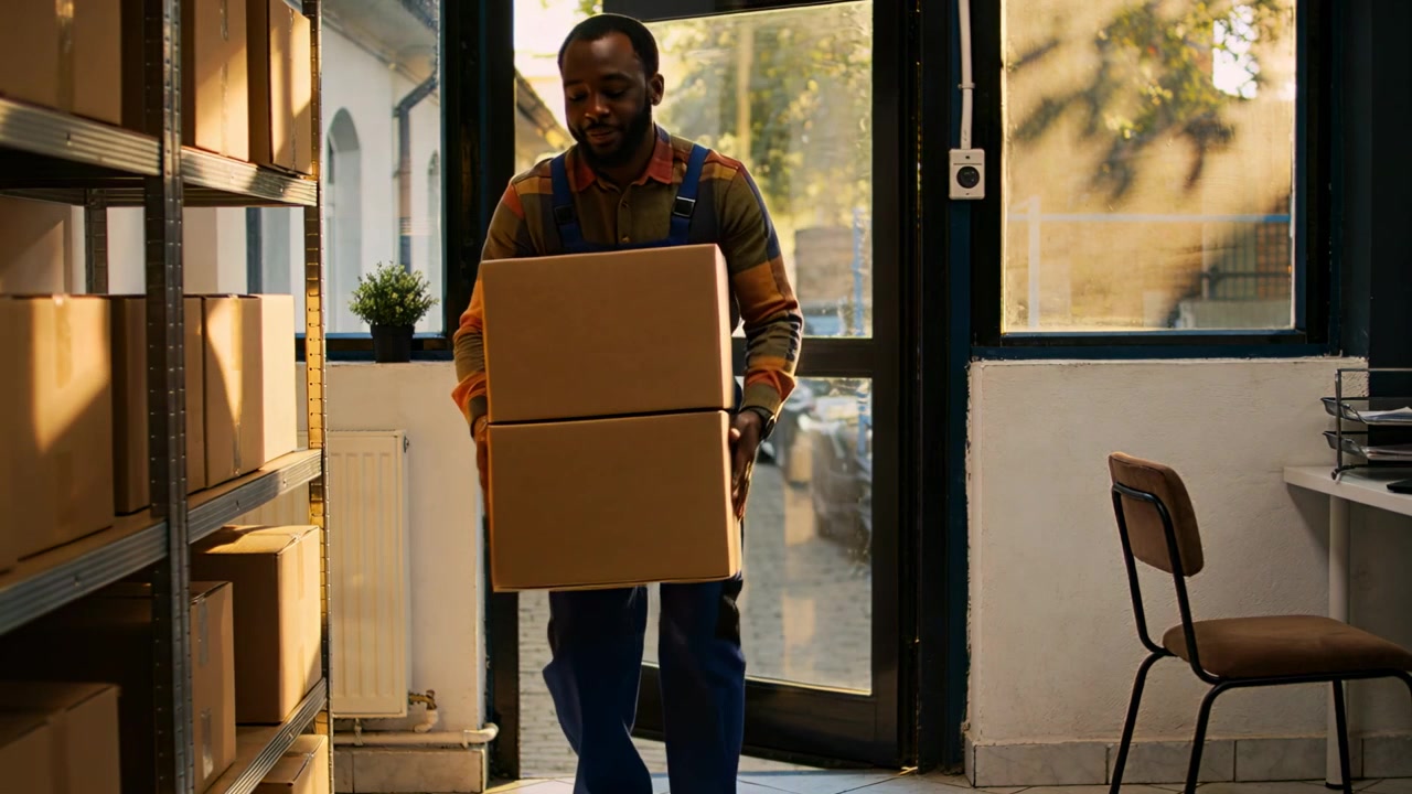 Entering glass door, delivery worker blue overalls carrying stacked boxes delivering to shelving