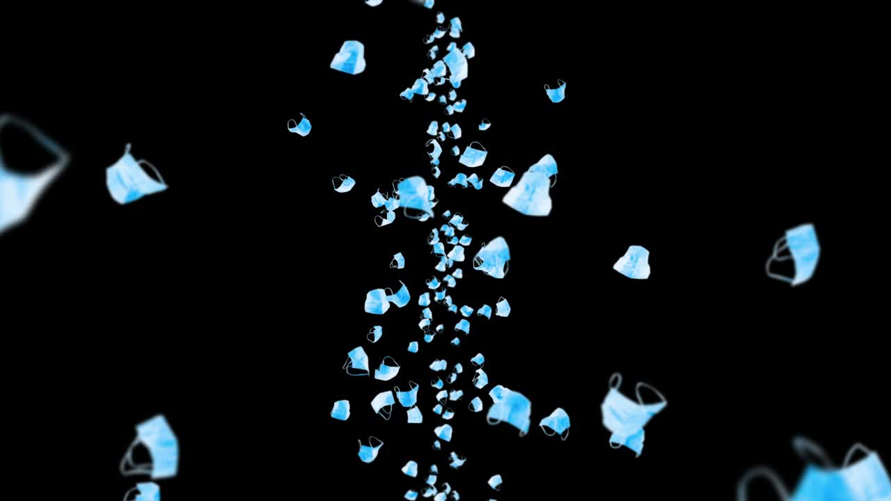 검은 바탕에 많은 파란 마스크를 날아. 의료 개념. 수술 보호 마스크. 마스크 회전의 3d 애니메이션. 루프 애니메이션.