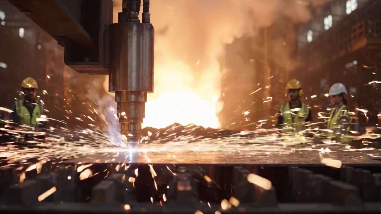 Taglio industriale dell'acciaio con tecnologia laser in un ambiente di fabbrica caldo tra scintille e fiamme, mostrando lavoratori con dispositivi di sicurezza impegnati nella lavorazione dei metalli.