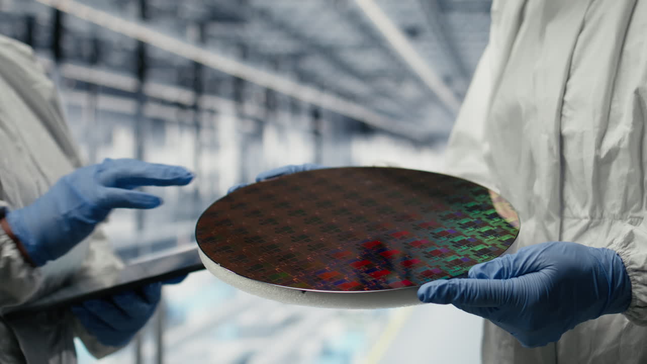 Microchip factory SOC architecture designers analyze semiconductor substrates