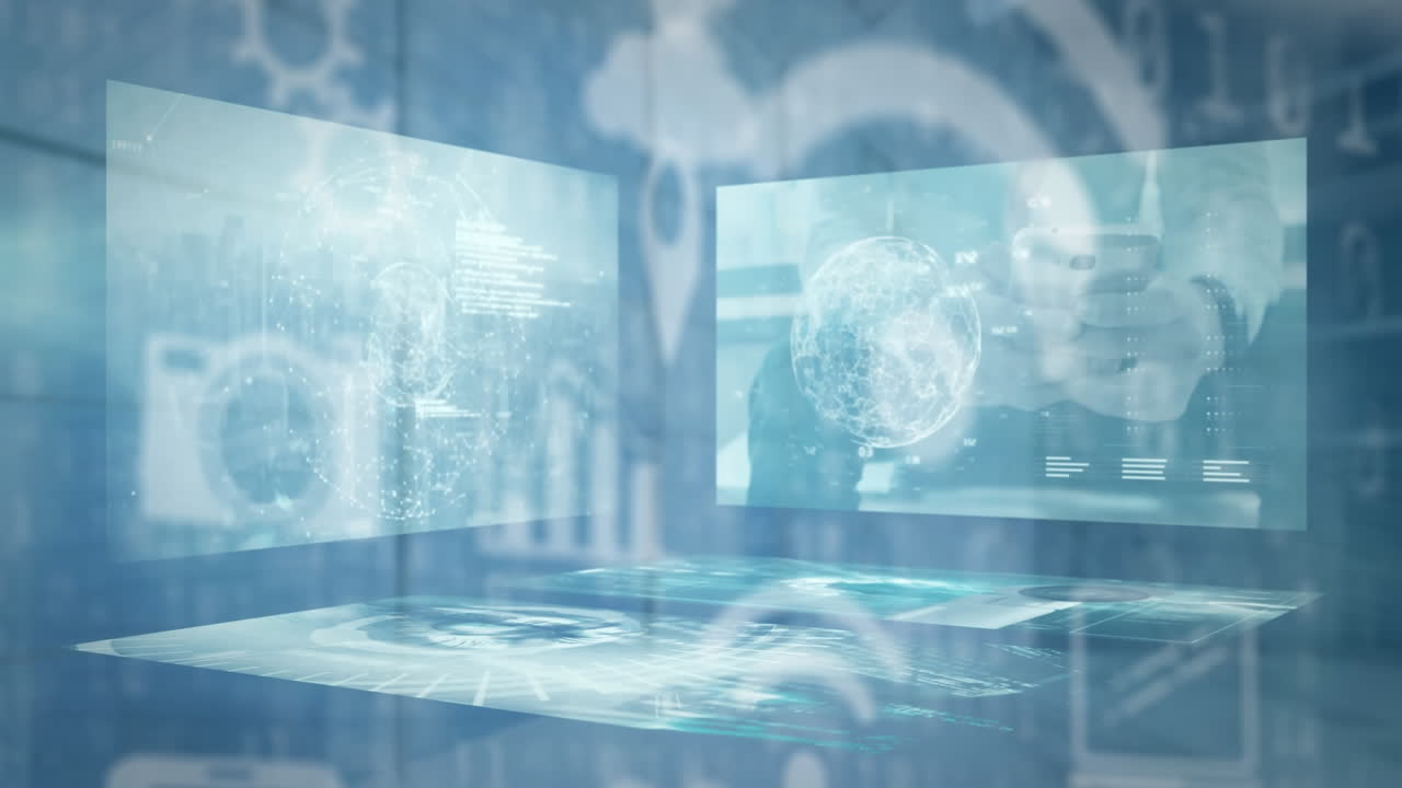 비어있는 사무실에 대한 데이터 처리와 함께 화면 위의 디지털 아이콘의 애니메이션