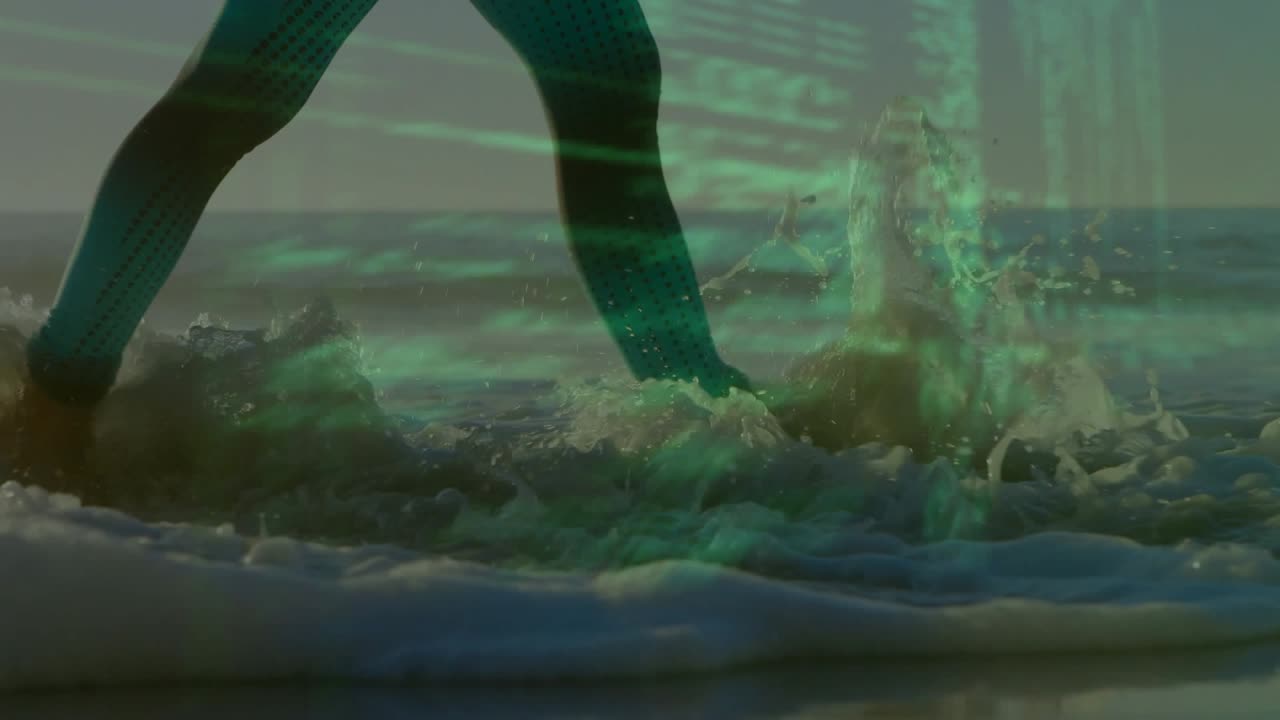 Woman stepping along shoreline, scrolling code overlay appearing and interacting with feet for tech