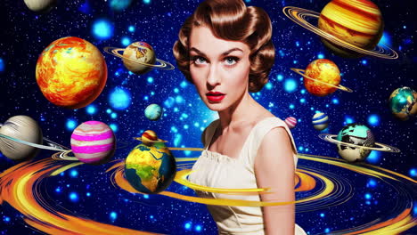 retro woman in a vibrant cosmic dreamscape with planets