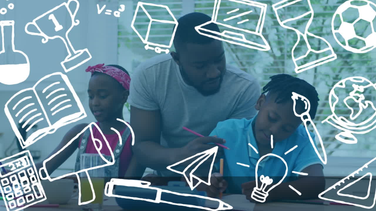 Animation of school icons over african american father helping his son and daughter with homework