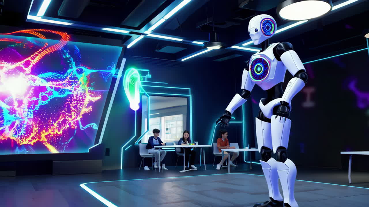 Futuristic Classroom with Robot Tutor