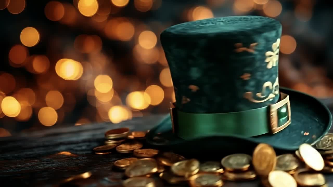 Gold coin party green hat. A decorative green hat surrounded by shiny gold coins creates a festive atmosphere, perfect for a celebration.