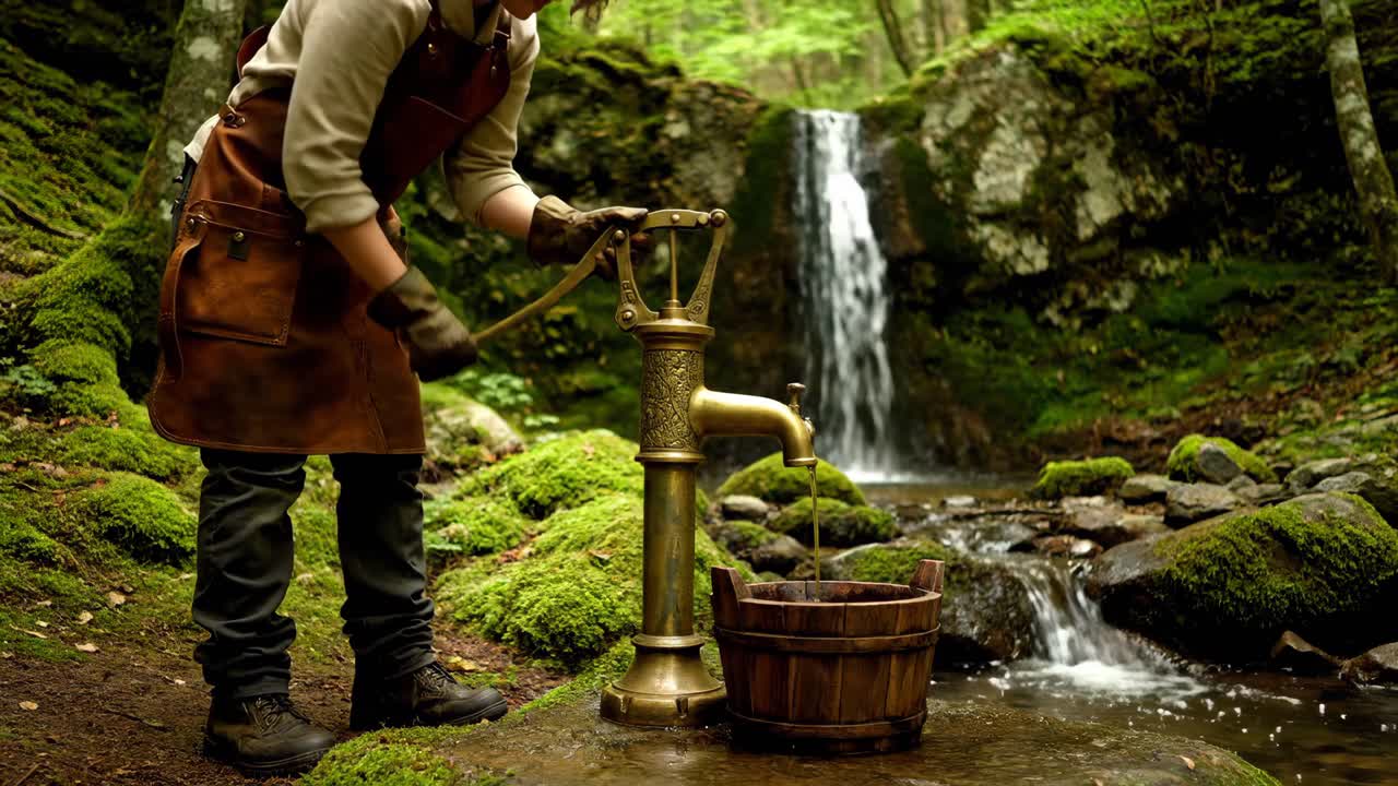 Pompa dell'acqua vintage vicino a una cascata nella foresta