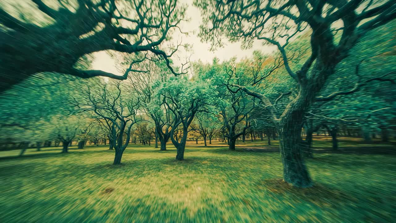 Moving camera tracking forward through grassy orchard with twisted tree trunks and canopy branches