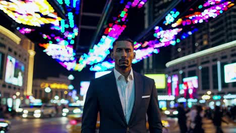 young businessman posing under colorful lights in dubai at night, with blurred cars and people in the background, showcasing the city's vibrant nightlife and luxurious atmosphere