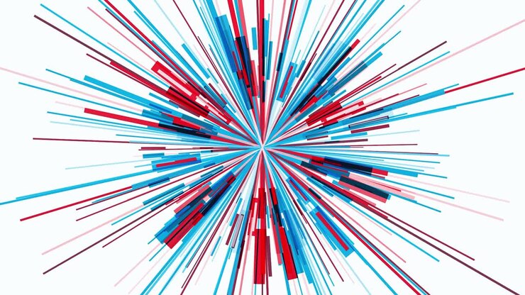 Abstract geometric art with red and blue lines bursting out from the center on a white background