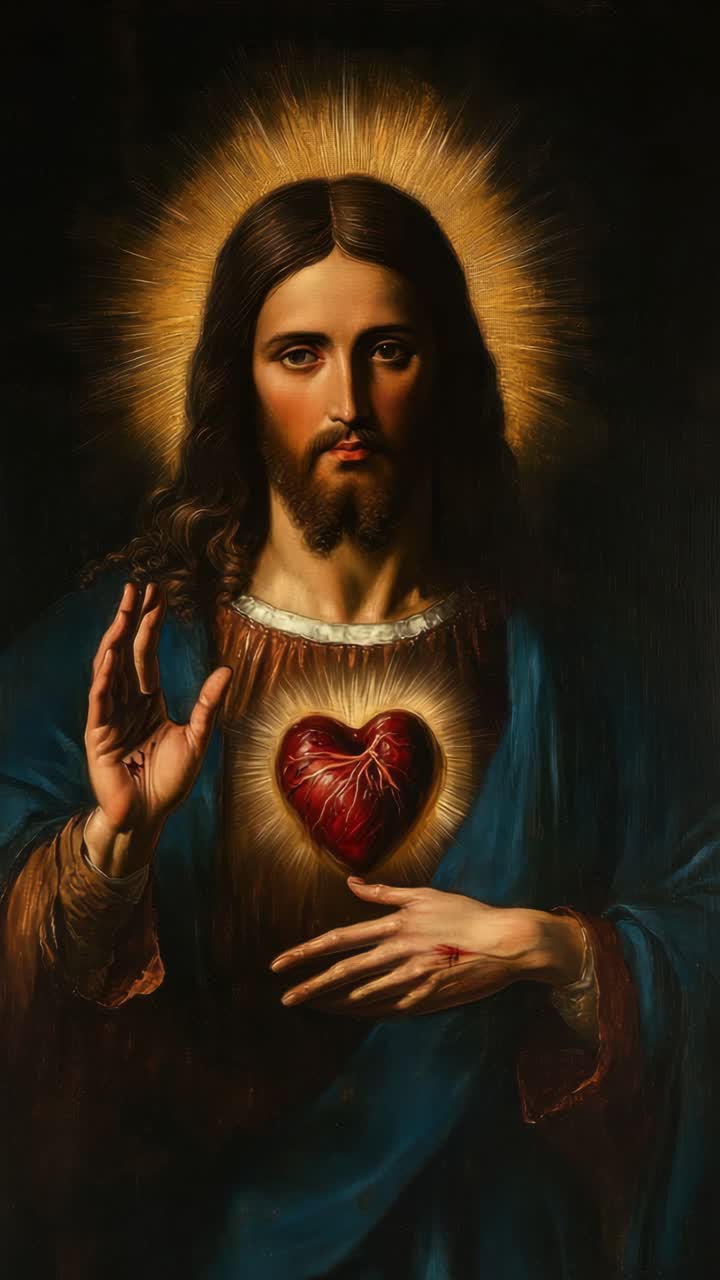 Uno stile di pittura religiosa classico con un'angolazione della telecamera frontale, che raffigura un motivo del Sacro Cuore.