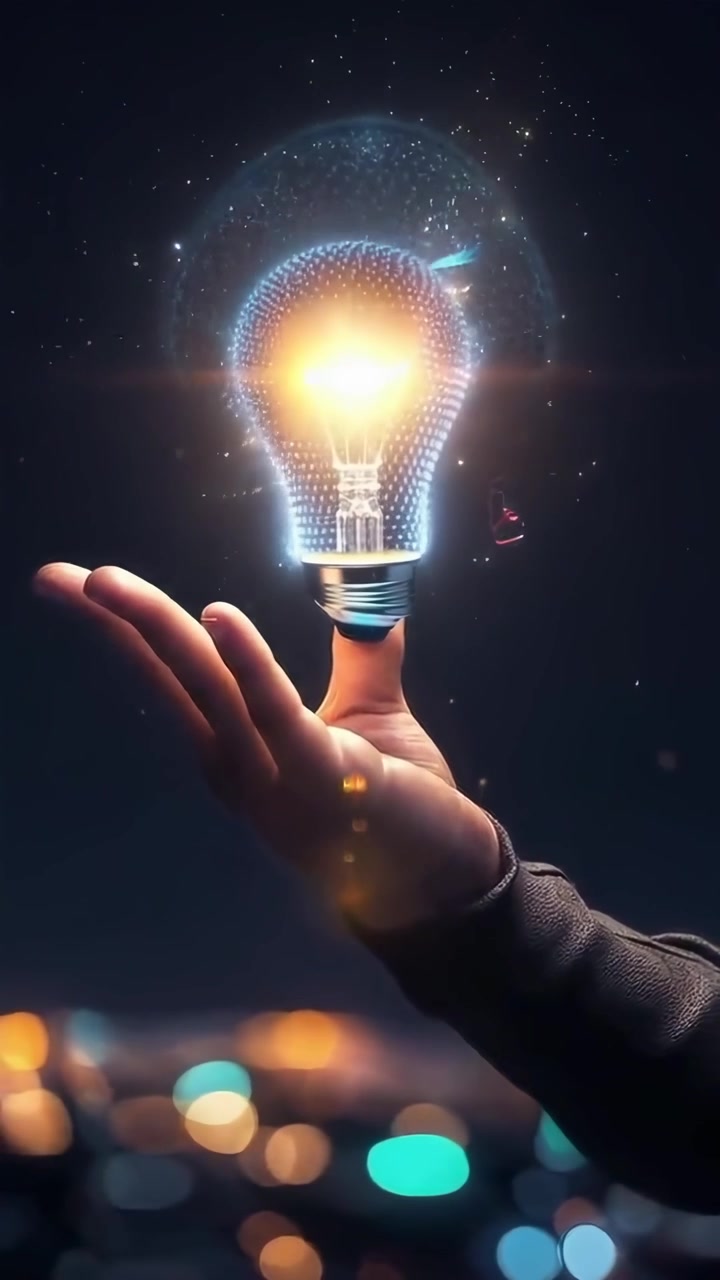Human Hand Holding a Bright Digital Light Bulb Idea