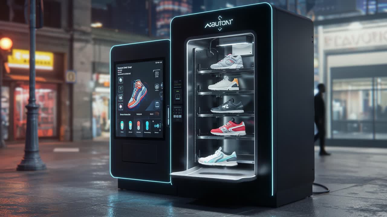 High-Tech Sneaker Vending Machine Displaying Stylish Footwear in a Vibrant Urban Nightscape, Combining Innovation with Fashion for Modern Consumers