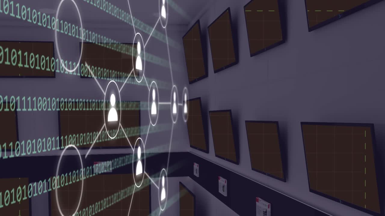 animación de una red de iconos con codificación binaria a través de televisores.