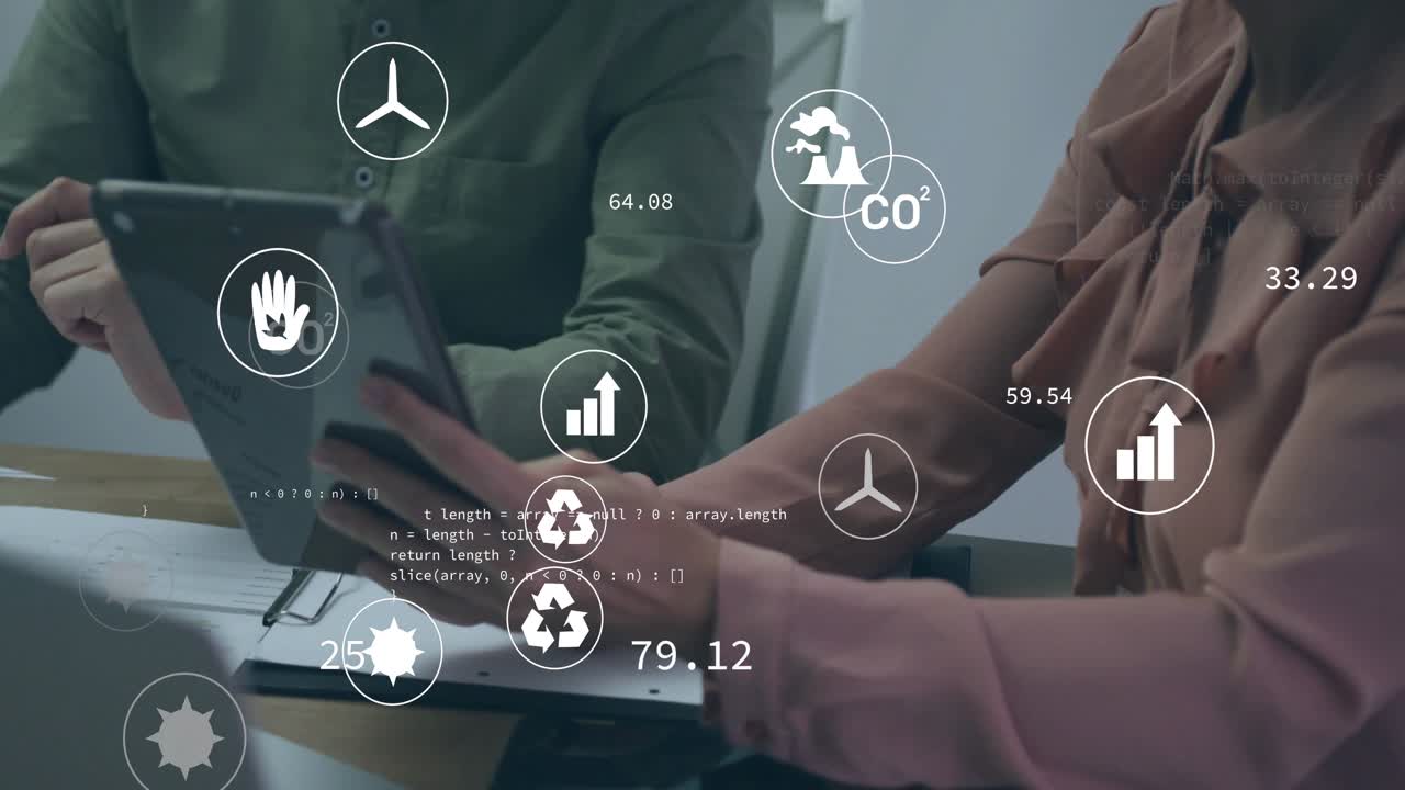 Colleagues tapping tablet together to track sustainability metrics with floating eco icons updating