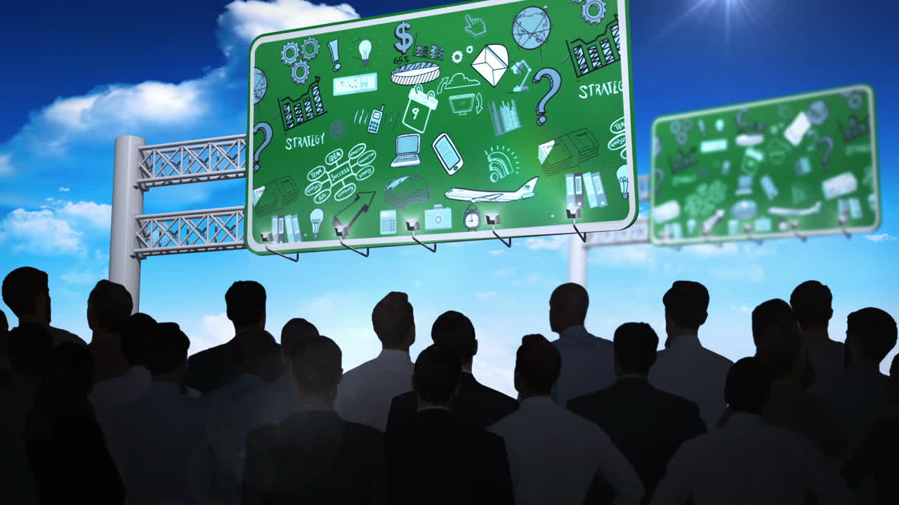 광고판 에서 브레인 스토밍 을 하는 사업가 들