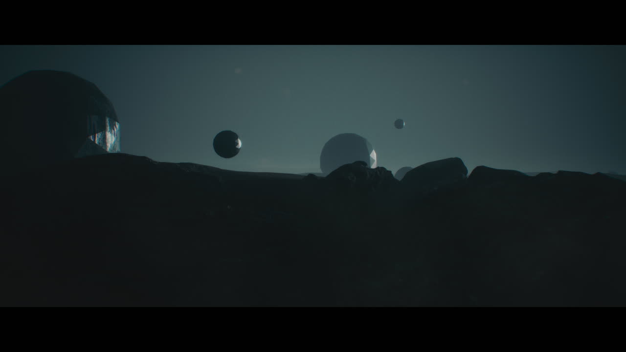 Alien planet desert landscape at night with strange sphere-shaped buildings