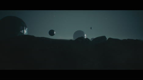 alien planet desert landscape at night with strange sphere-shaped buildings