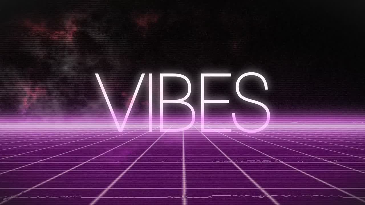 Animation of vibes text in white over pink neon grid and interference on black background
